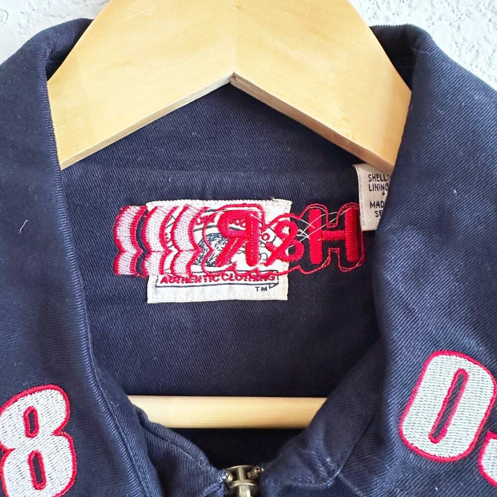 VTG Style Mens Racing Jacket With Embroidered Patches Small Retro Canvas Blue - Picture 3 of 8